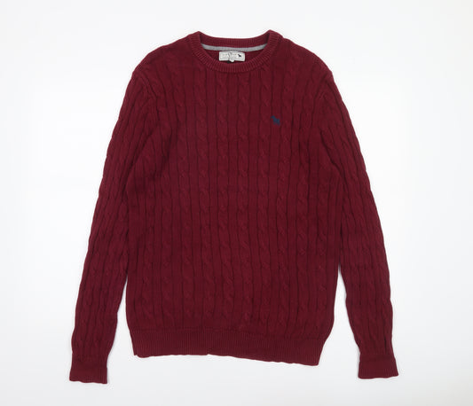 Jack Russell Men's Red Cable-Knit Cotton Jumper M Crew Neck Sweater