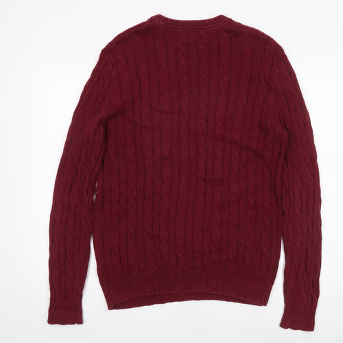 Jack Russell Men's Red Cable-Knit Cotton Jumper M Crew Neck Sweater