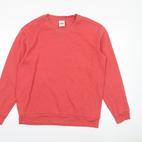 ZARA Mens Red Crew Neck Sweatshirt Size L Pullover Cotton Blend