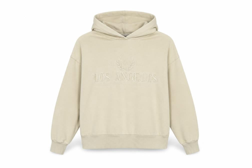 Front view of Zara women’s beige hooded pullover sweatshirt, size M, los angeles design