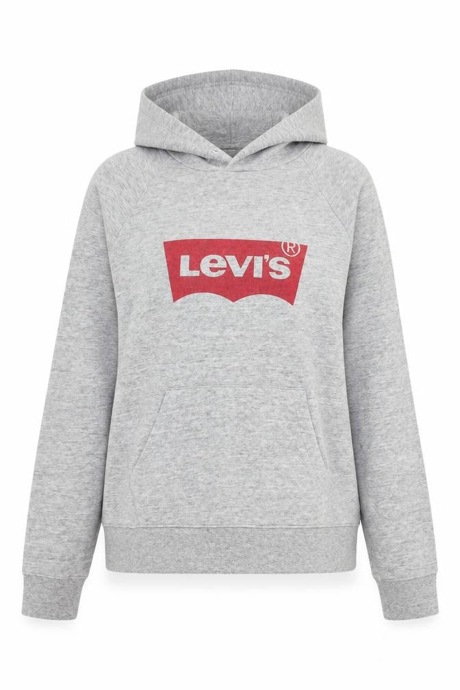 Front view of Levi's women’s grey logo pullover hoodie, size M, cotton blend