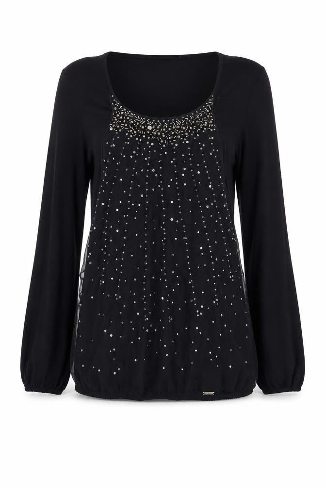 Front view of Jean Paul Berlin Women's Black Beaded Long Sleeve Blouse, size 12