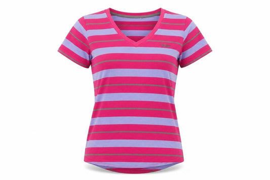 Front view of Lee Cooper women’s multicoloured striped v-neck t-shirt, size UK 12