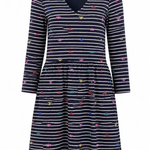 Joules Women’s Blue Striped Embroidered Fit & Flare Dress UK 10