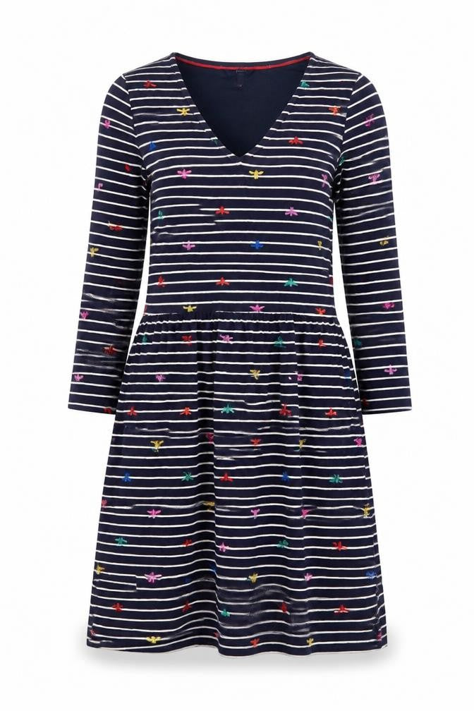 Joules Women’s Blue Striped Embroidered Fit & Flare Dress UK 10