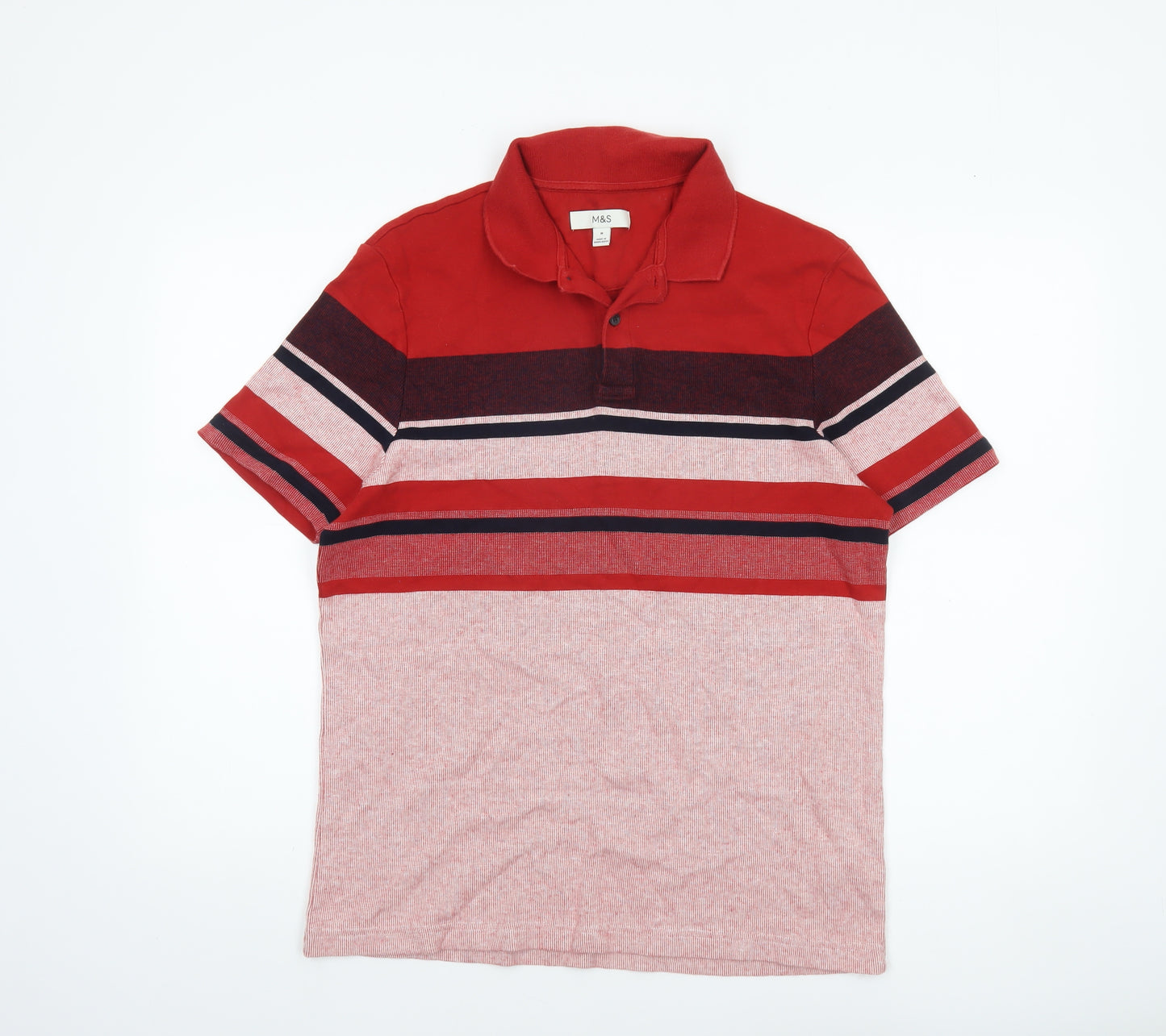 Marks and Spencer Men's Red Striped Cotton Polo Shirt M