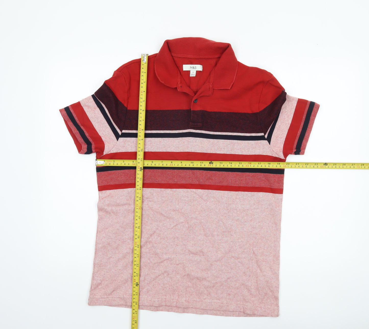 Marks and Spencer Men's Red Striped Cotton Polo Shirt M