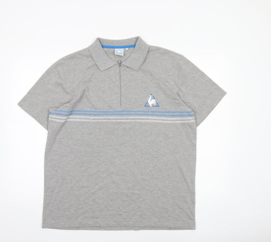 Le Coq Sportif Men's Grey Striped Short Sleeve Polo Shirt L