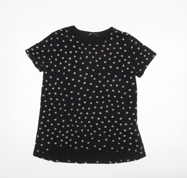Zara Women Black Polka Dot Viscose Short Sleeve T-Shirt Size 12