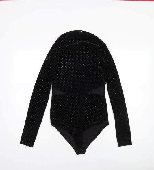 Zara Trafaluc Black Velvet Long Sleeve Bodysuit Women M Sparkle Detail