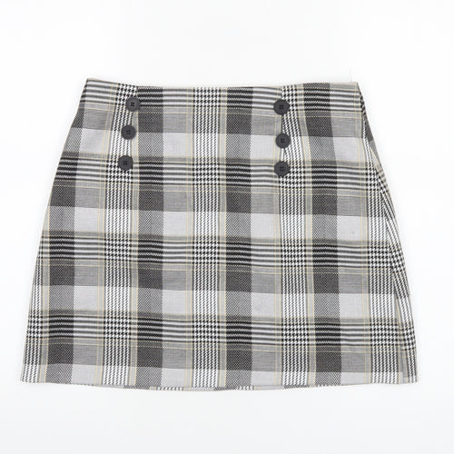 River Island Womens Grey Check Short Skirt Size 12 Lined Button Detail