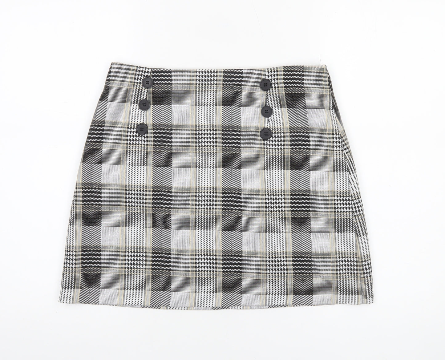 River Island Womens Grey Check Short Skirt Size 12 Lined Button Detail