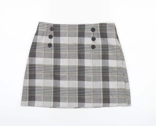River Island Womens Grey Check Short Skirt Size 12 Lined Button Detail