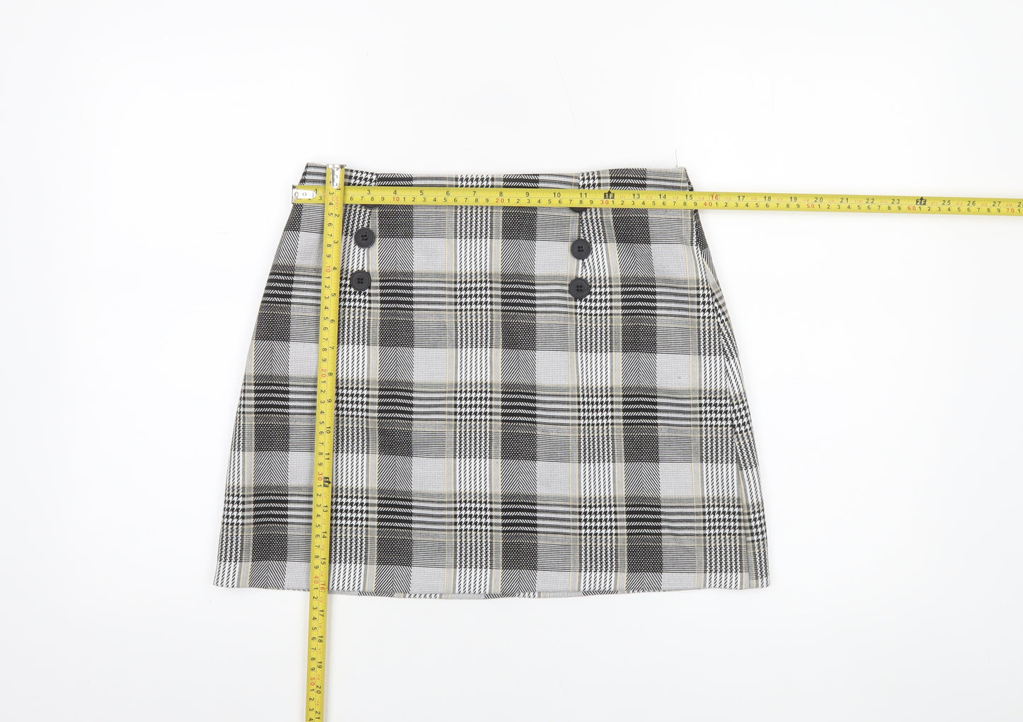 River Island Womens Grey Check Short Skirt Size 12 Lined Button Detail
