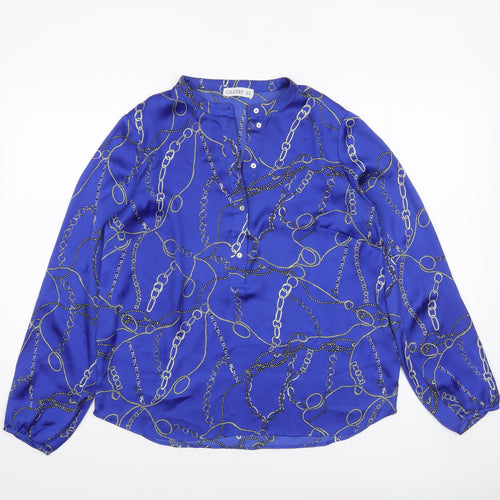 Gallery Womens Blue Chain Print Long Sleeve Satin Blouse Size 10