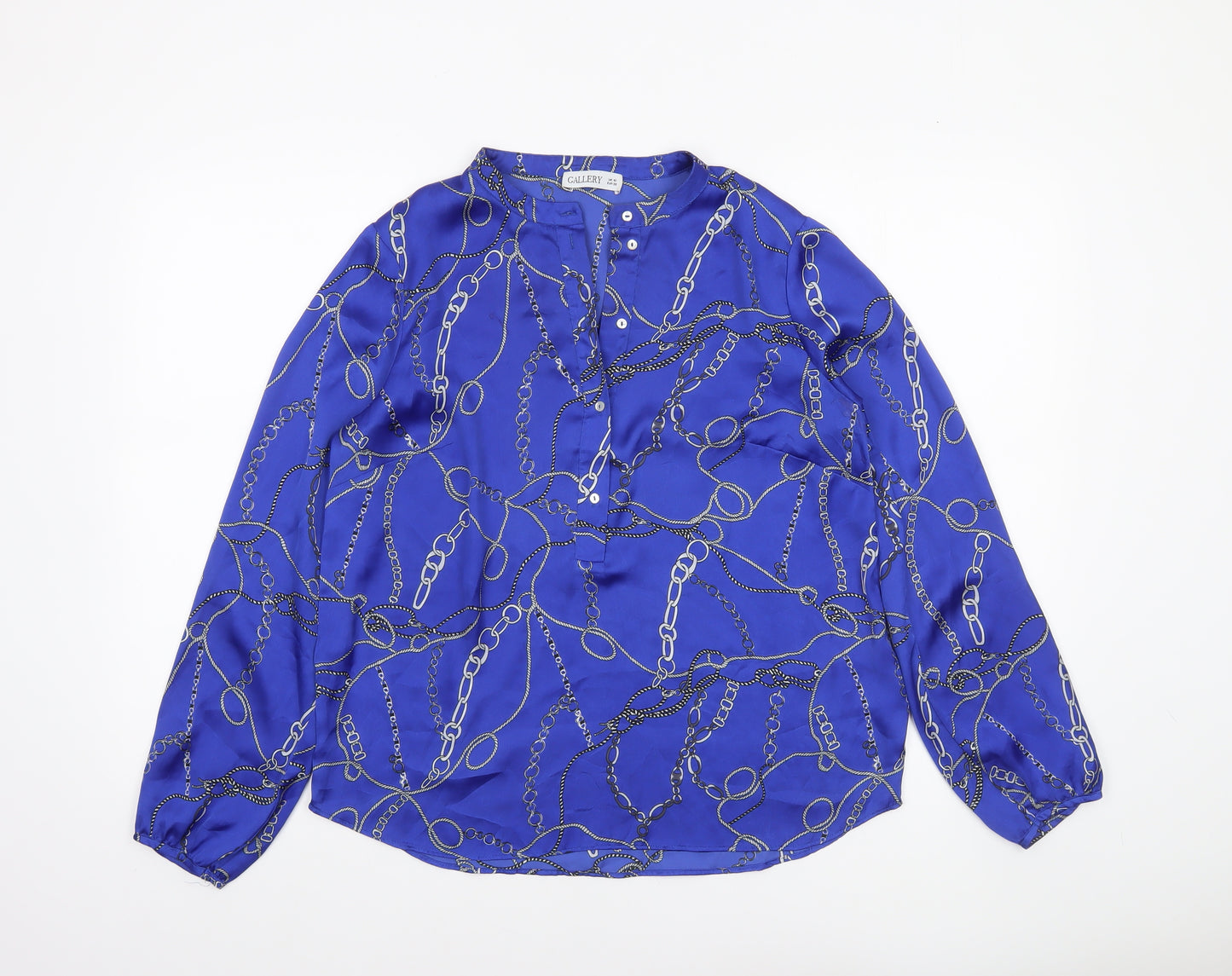 Gallery Womens Blue Chain Print Long Sleeve Satin Blouse Size 10