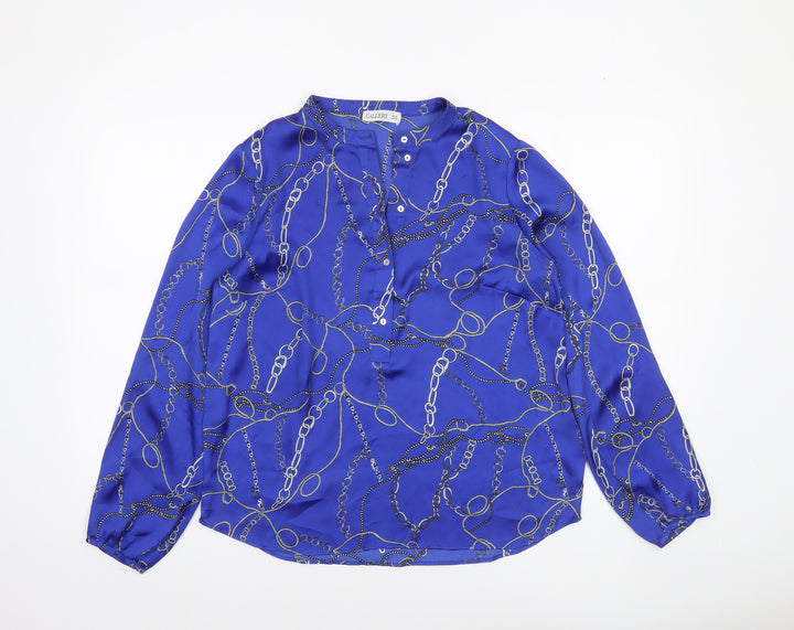 Gallery Womens Blue Chain Print Long Sleeve Satin Blouse Size 10