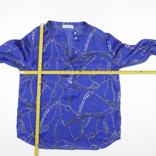 Gallery Womens Blue Chain Print Long Sleeve Satin Blouse Size 10