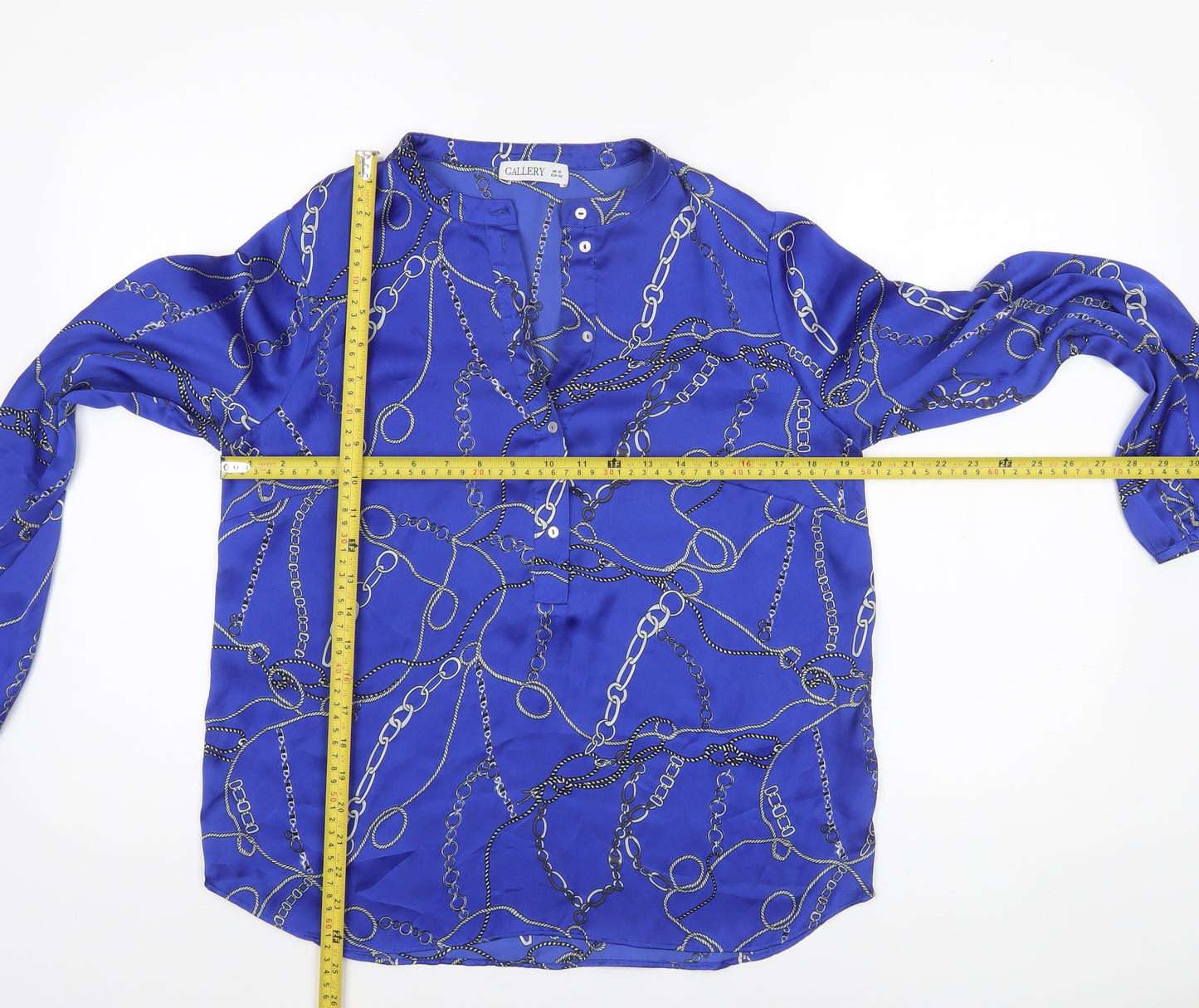 Gallery Womens Blue Chain Print Long Sleeve Satin Blouse Size 10