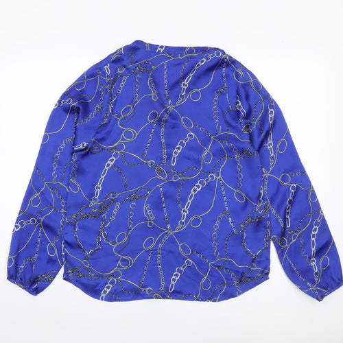 Gallery Womens Blue Chain Print Long Sleeve Satin Blouse Size 10