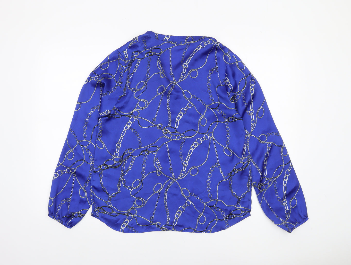 Gallery Womens Blue Chain Print Long Sleeve Satin Blouse Size 10