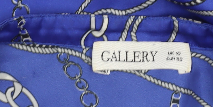 Gallery Womens Blue Chain Print Long Sleeve Satin Blouse Size 10