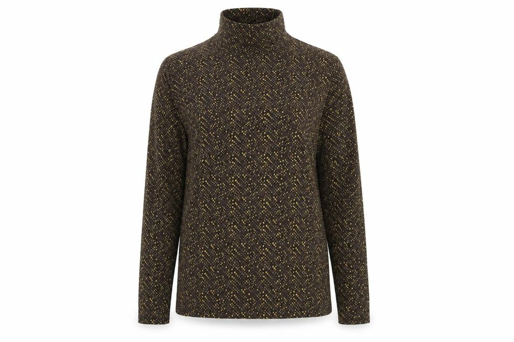 Front view of Marks & Spencer women’s brown geometric roll neck long sleeve top, size UK 12