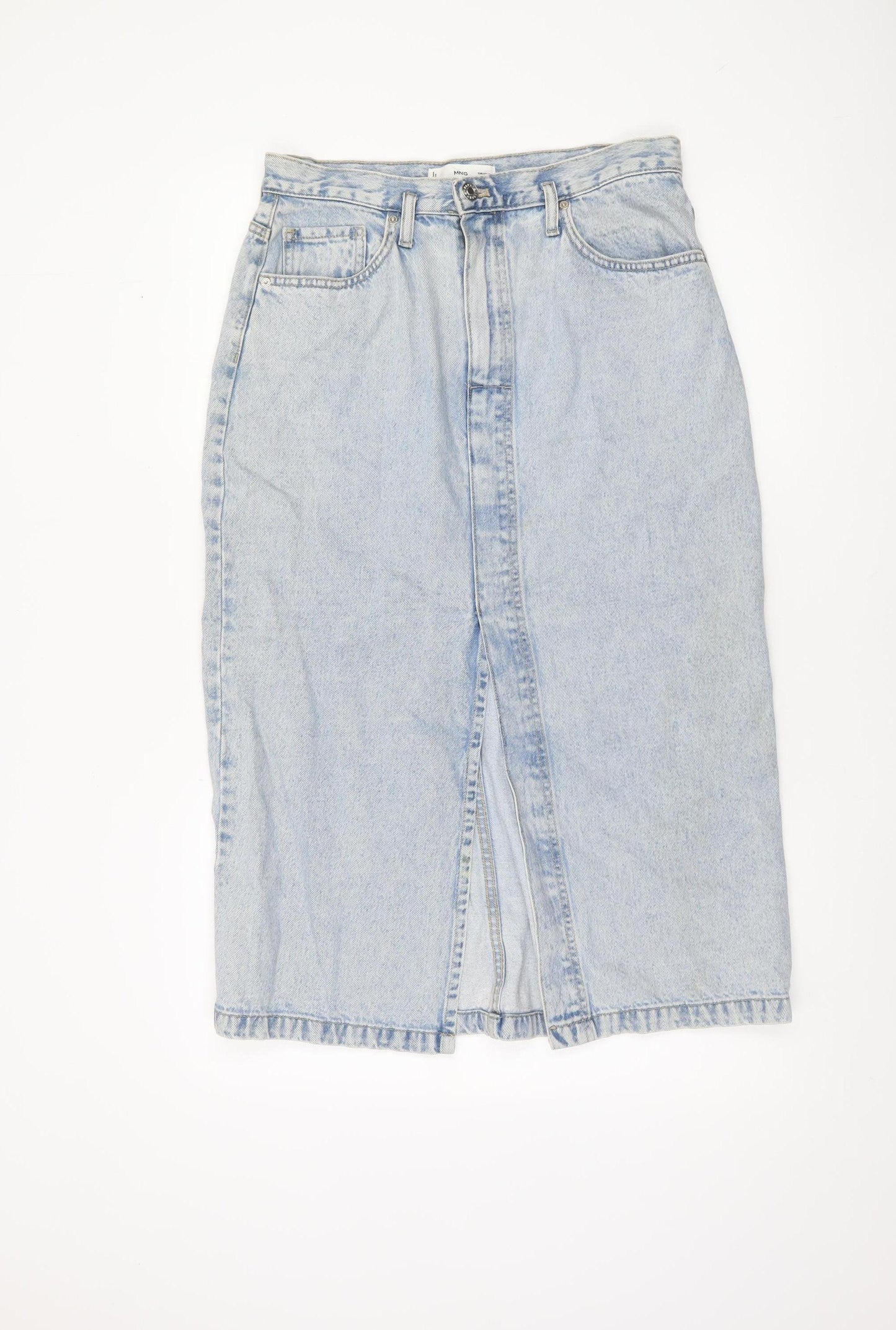 MNG Women Blue Denim Midi Pencil Skirt Size M High Waist