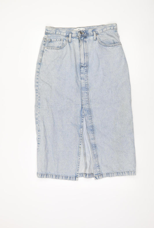 MNG Women Blue Denim Midi Pencil Skirt Size M High Waist