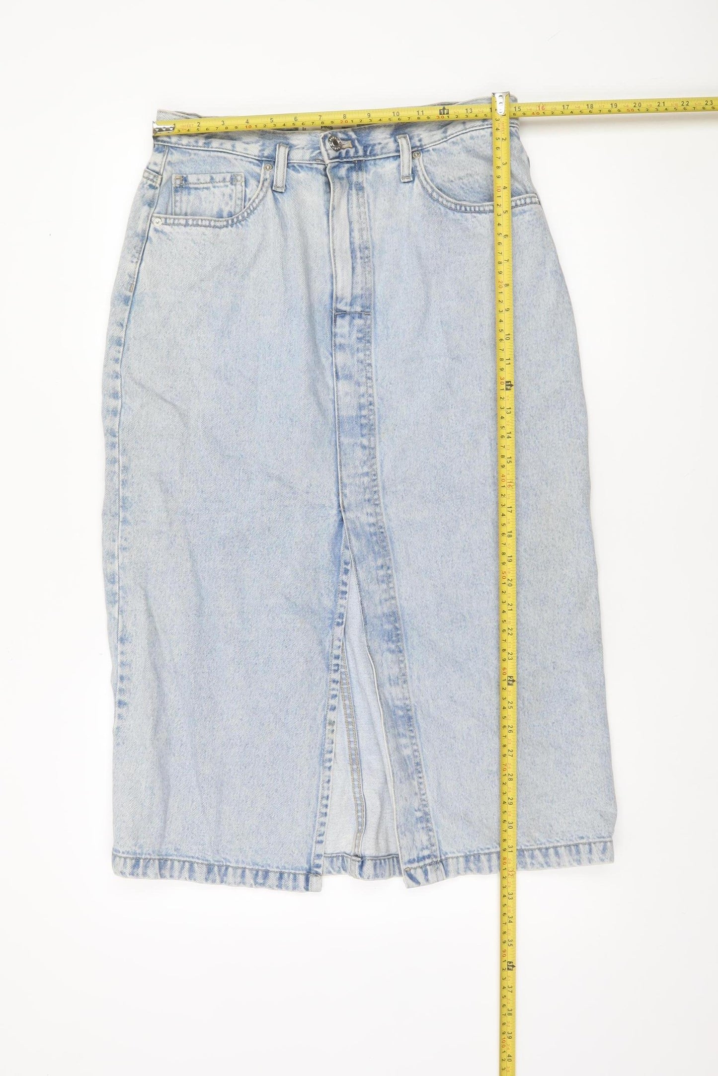 MNG Women Blue Denim Midi Pencil Skirt Size M High Waist