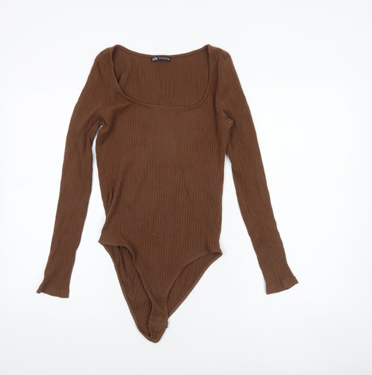 Zara Women Brown Long Sleeve Ribbed Cotton Bodysuit Size L