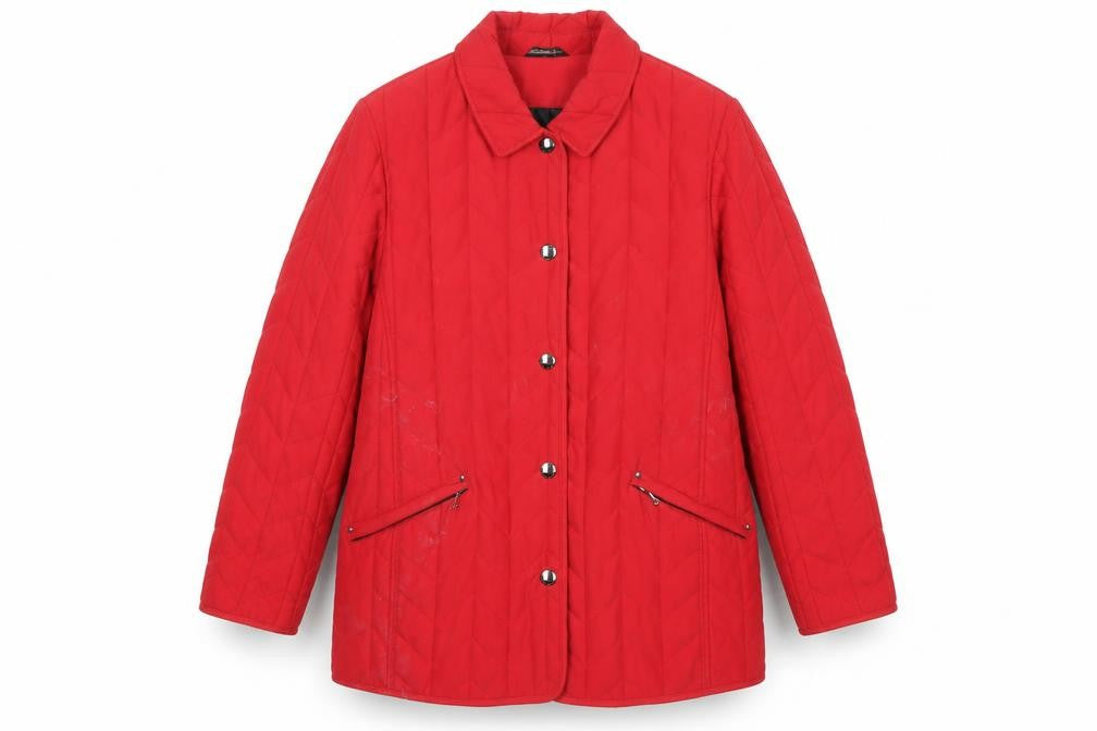 Front view of Concept K women’s red quilted mid-length jacket, size UK 12