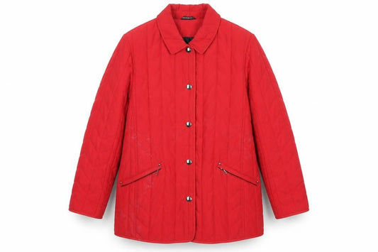 Front view of Concept K women’s red quilted mid-length jacket, size UK 12