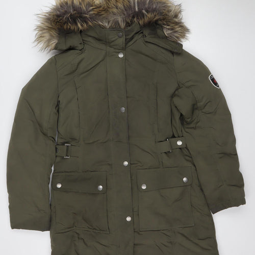 Ultex Women's Green Long Parka Coat M Faux Fur Trim Hooded Down Filled