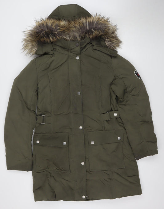 Ultex Women's Green Long Parka Coat M Faux Fur Trim Hooded Down Filled