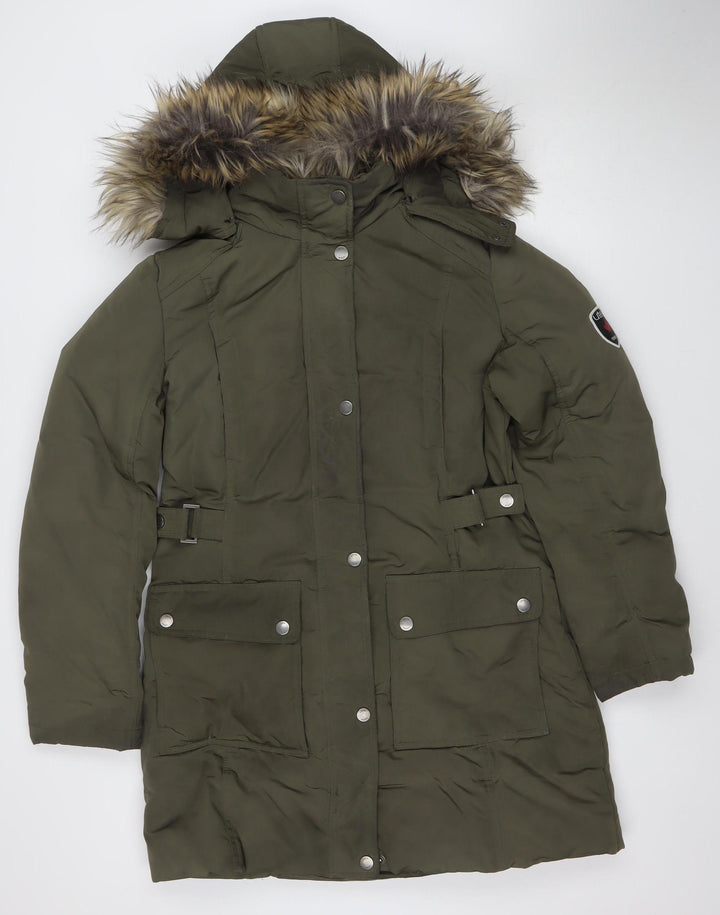 Ultex Women's Green Long Parka Coat M Faux Fur Trim Hooded Down Filled