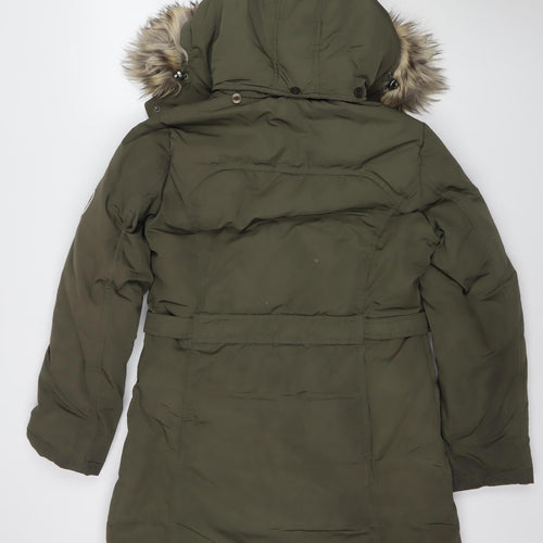 Ultex Women's Green Long Parka Coat M Faux Fur Trim Hooded Down Filled