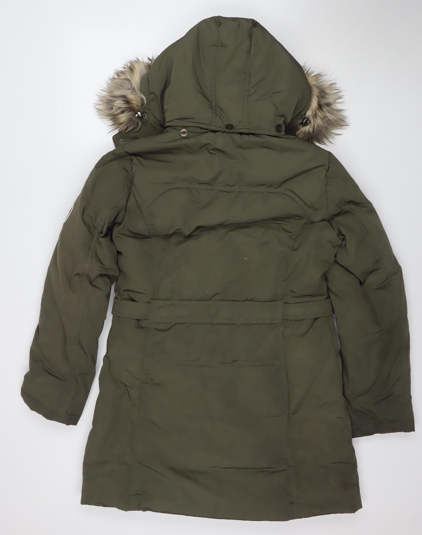 Ultex Women's Green Long Parka Coat M Faux Fur Trim Hooded Down Filled