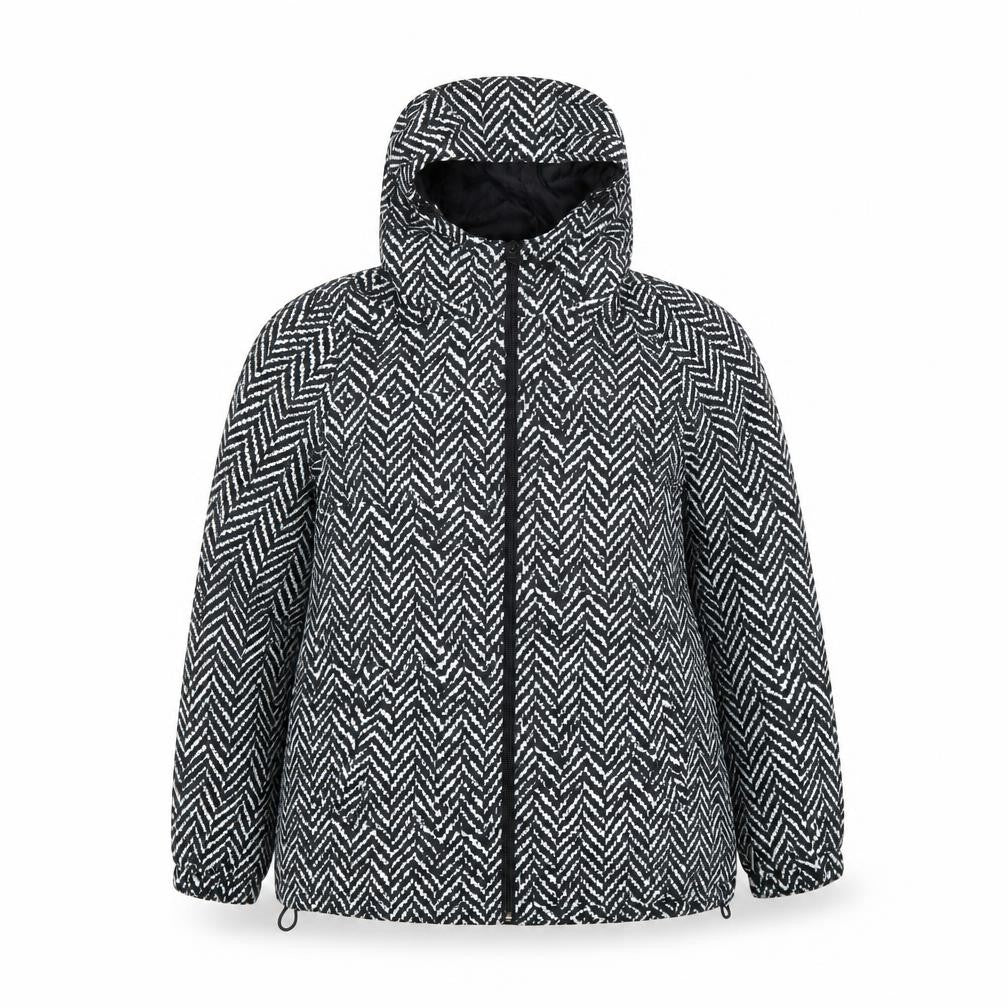 Front view of Damart Women Black Geometric Hooded Puffer Jacket, size 16