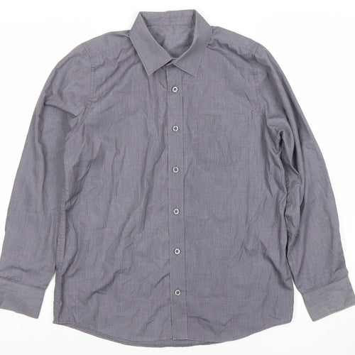 DUNNES STORES Boys Grey Button-Up Long Sleeve Shirt 13-14 Years Classic Fit
