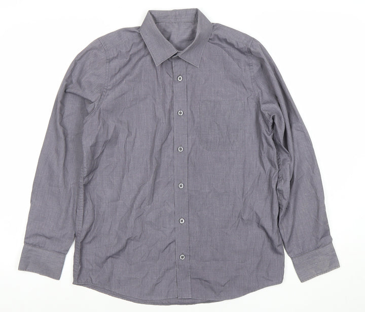DUNNES STORES Boys Grey Button-Up Long Sleeve Shirt 13-14 Years Classic Fit