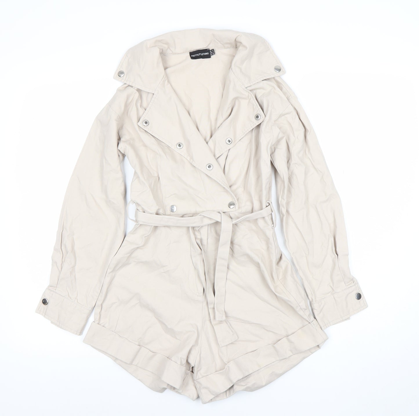 PrettyLittleThing Women's Beige Belted Long Sleeve Playsuit Size 6