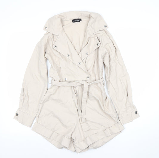 PrettyLittleThing Women's Beige Belted Long Sleeve Playsuit Size 6