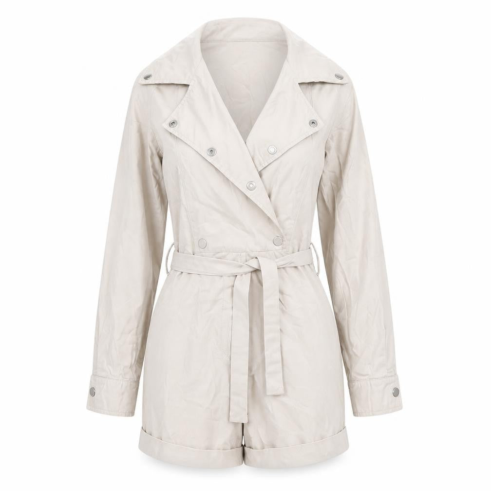 Front view of PRETTYLITTLETHING Women's Beige Belted Long Sleeve Playsuit, size 6