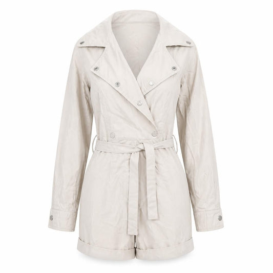 Front view of PRETTYLITTLETHING Women's Beige Belted Long Sleeve Playsuit, size 6