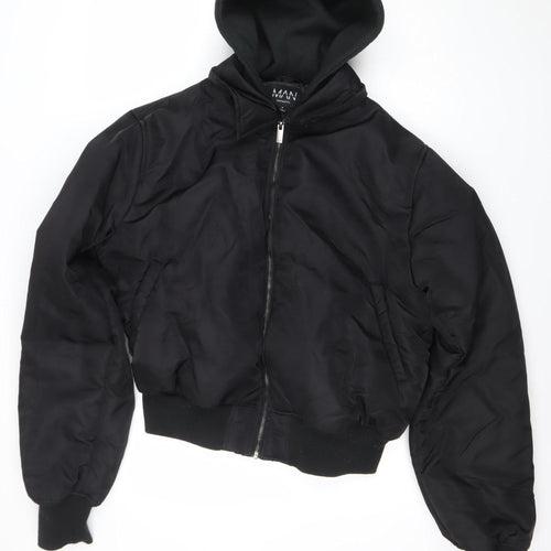 boohooMAN Men's Black Hooded Bomber Jacket Size M