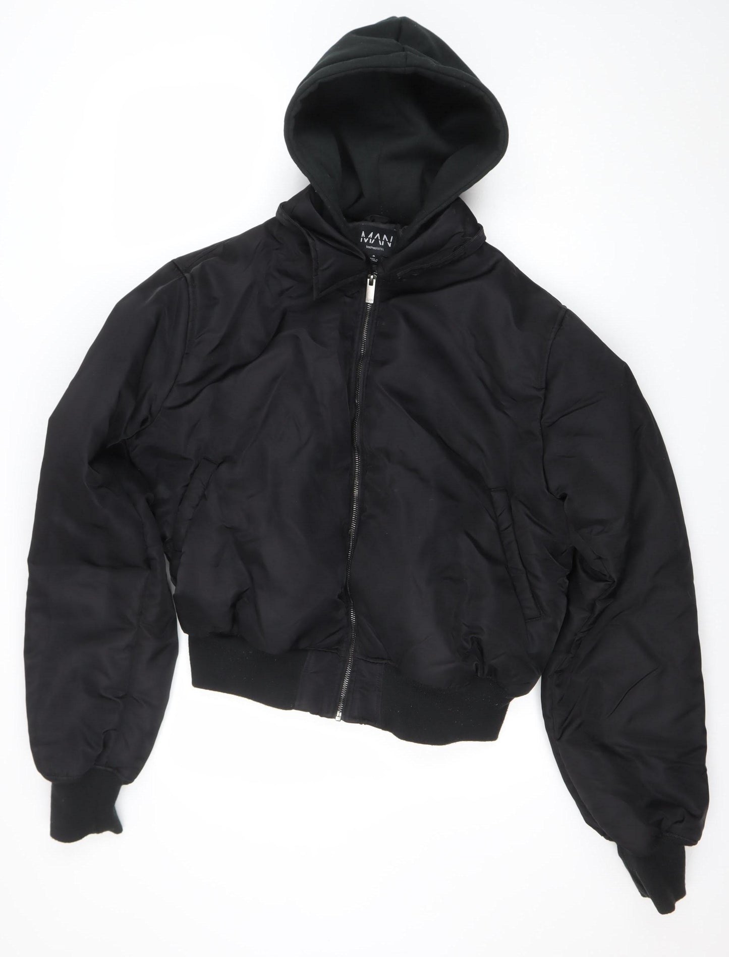 boohooMAN Men's Black Hooded Bomber Jacket Size M