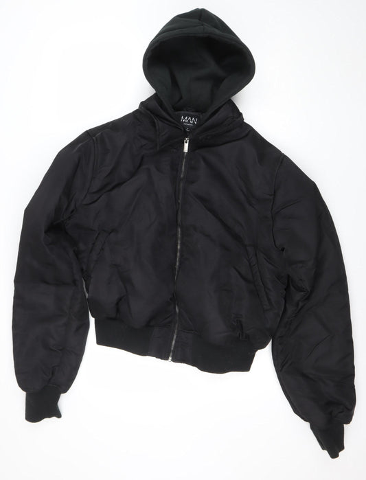 boohooMAN Men's Black Hooded Bomber Jacket Size M