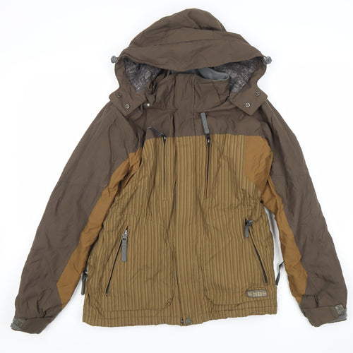 E408 Boys Brown Hooded Winter Puffer Jacket Size M with Full Zip and Pockets