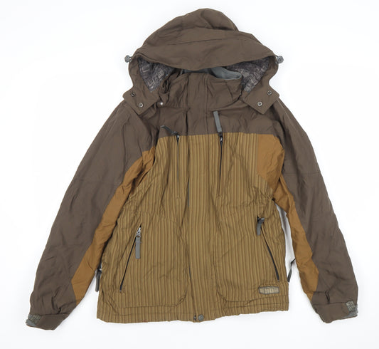 E408 Boys Brown Hooded Winter Puffer Jacket Size M with Full Zip and Pockets